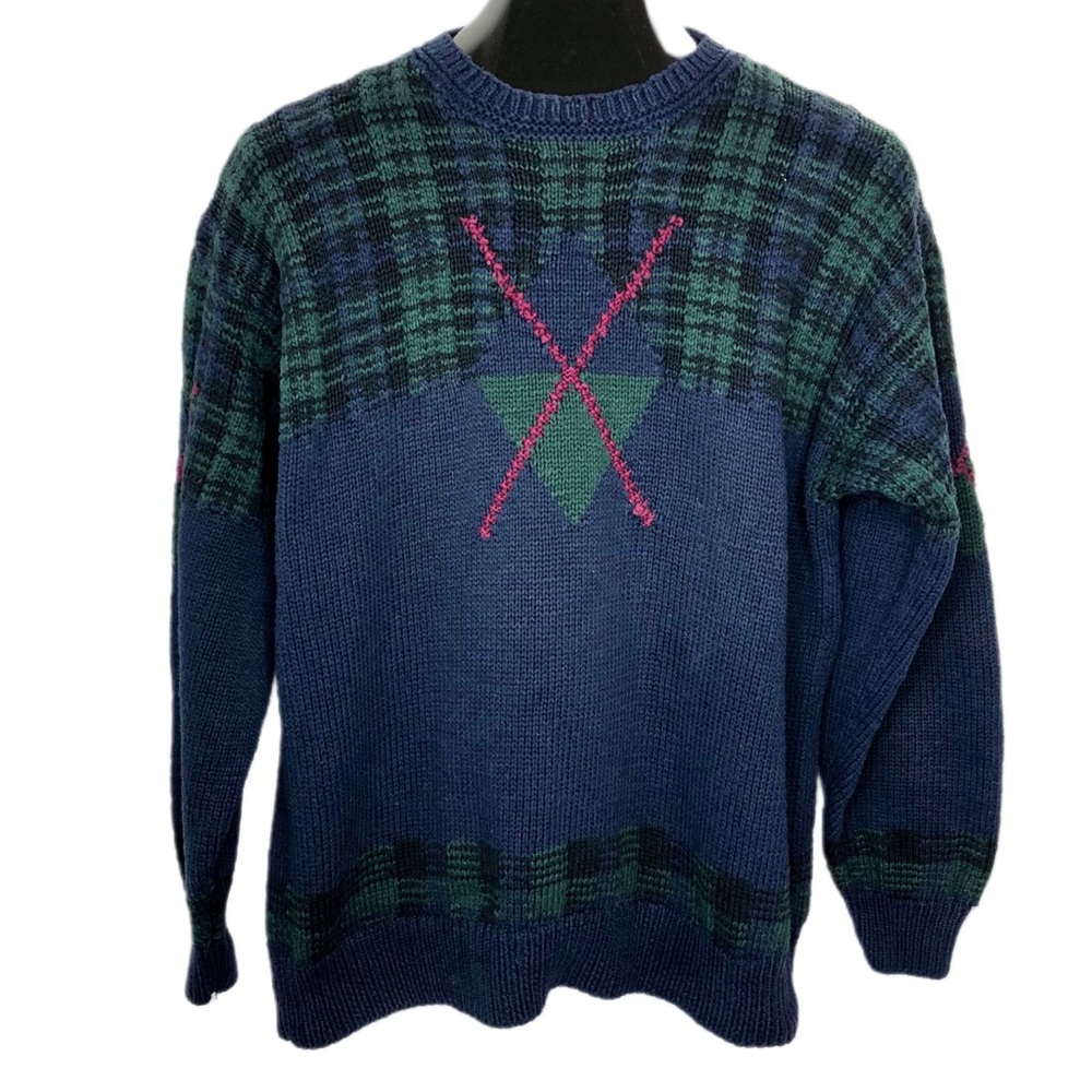 Preppy Nautica Handknit Mens Navy Blue Green Black Plaid Medium 90s Sweater
